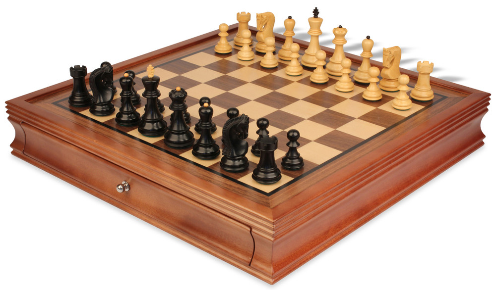 Zagreb Series Chess Set - Ebonized & Boxwood Pieces - Walnut Two-Drawer Chess Case - 3.25" King